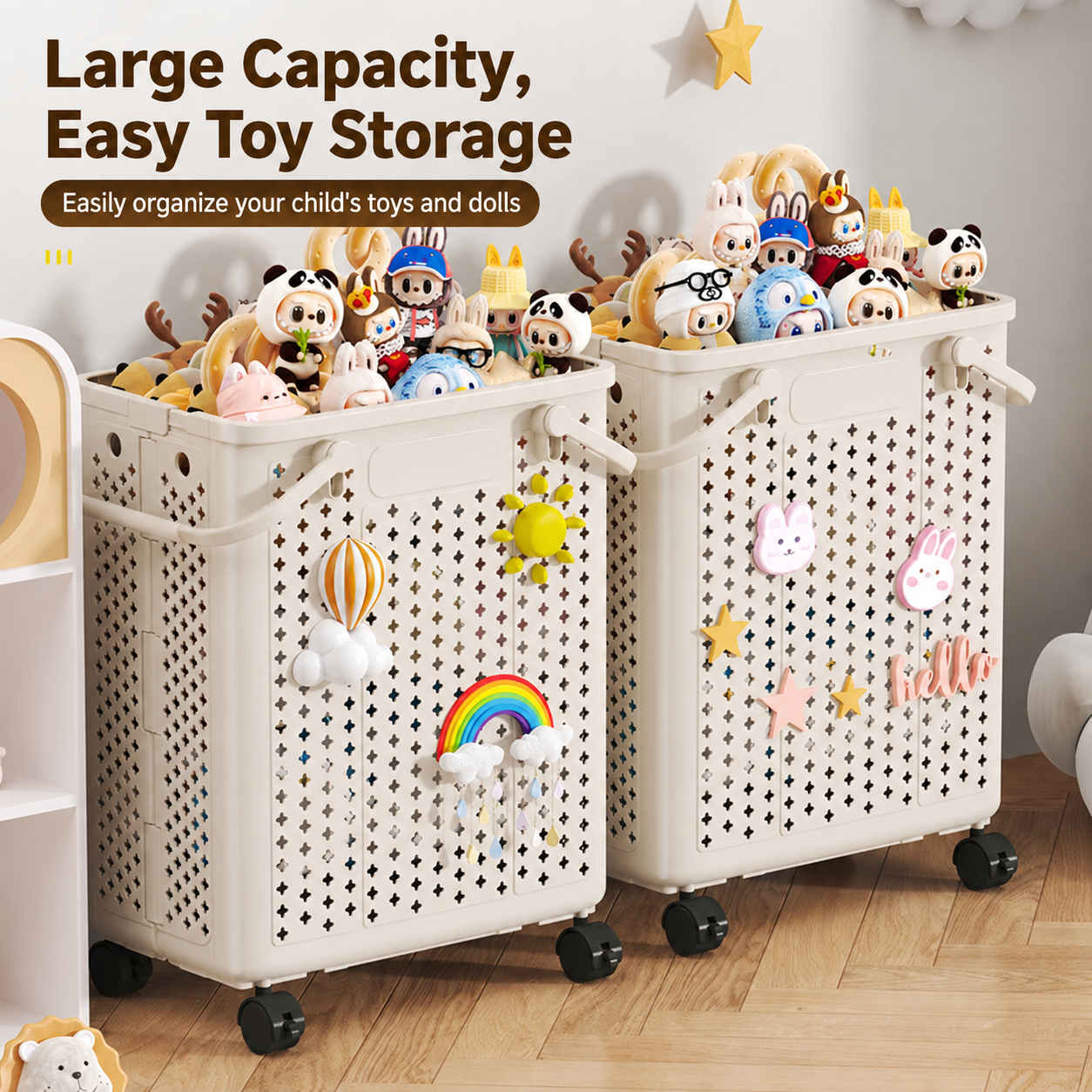These large‑capacity wheeled toy storage bins make it simple to store and organize children's various toys and dolls neatly.