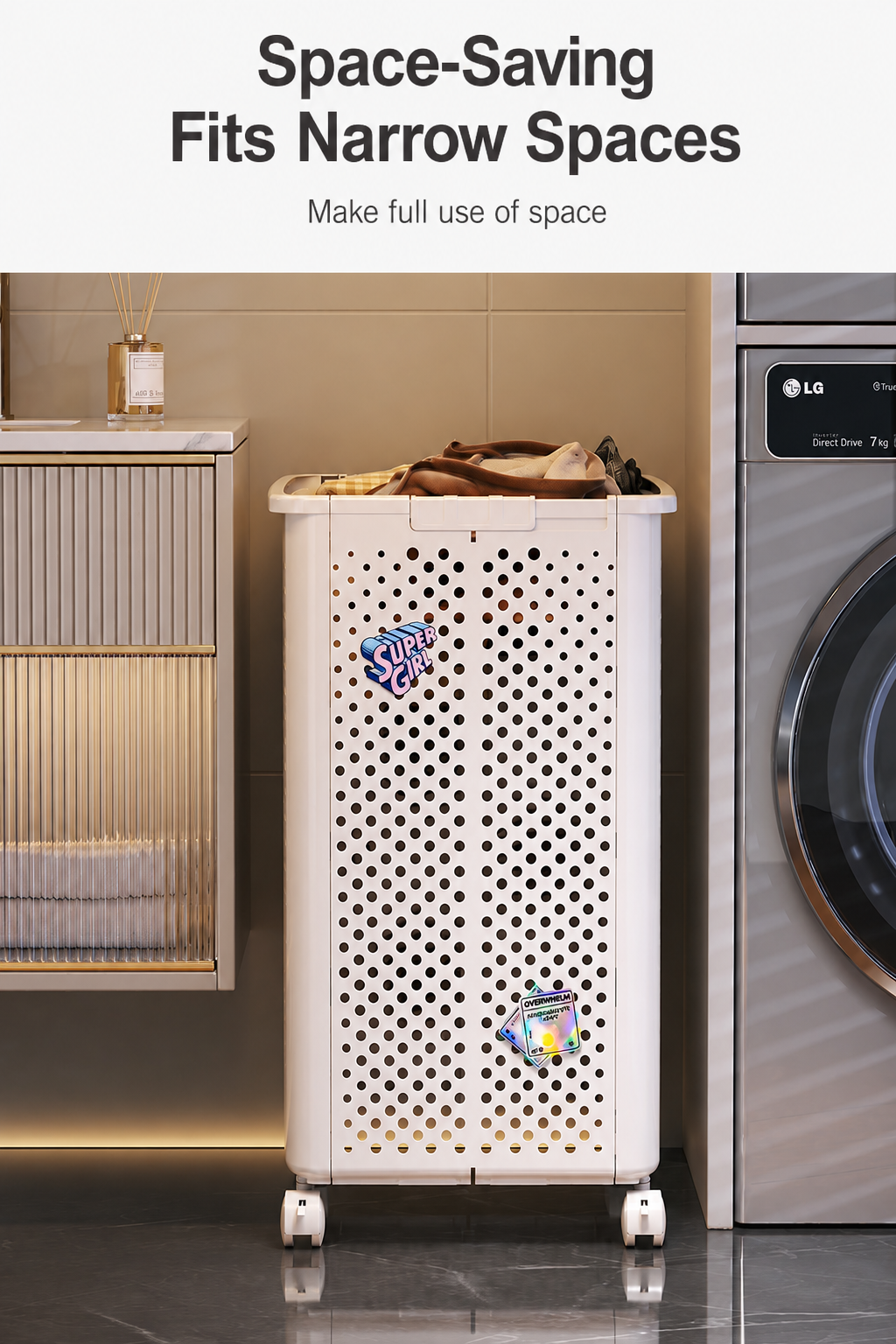 This space-saving laundry hamper, designed to fit in narrow gaps, makes the most of limited home space