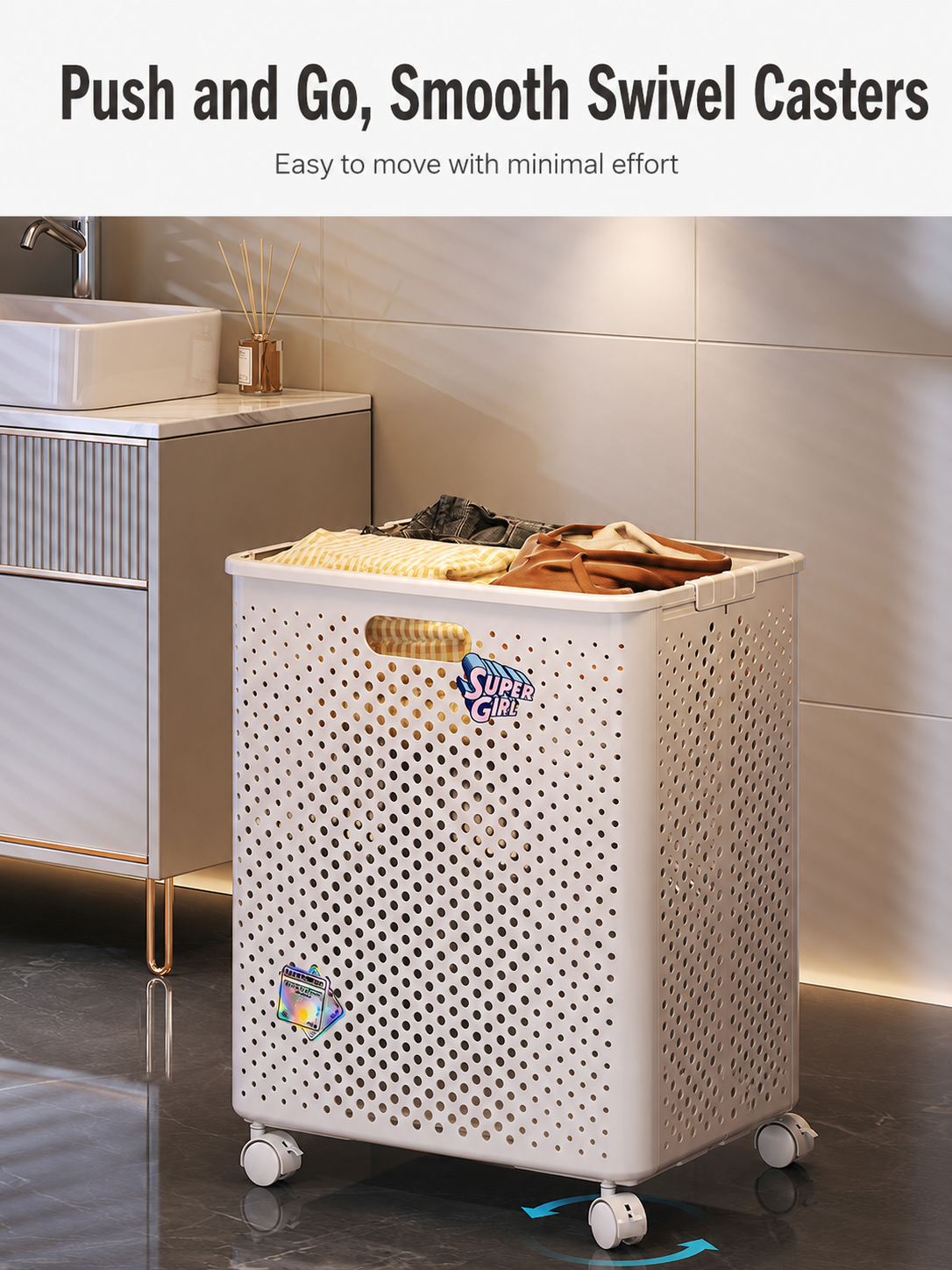 Equipped with smooth 360° swivel casters, this laundry hamper can be effortlessly pushed and moved anywhere at home.
