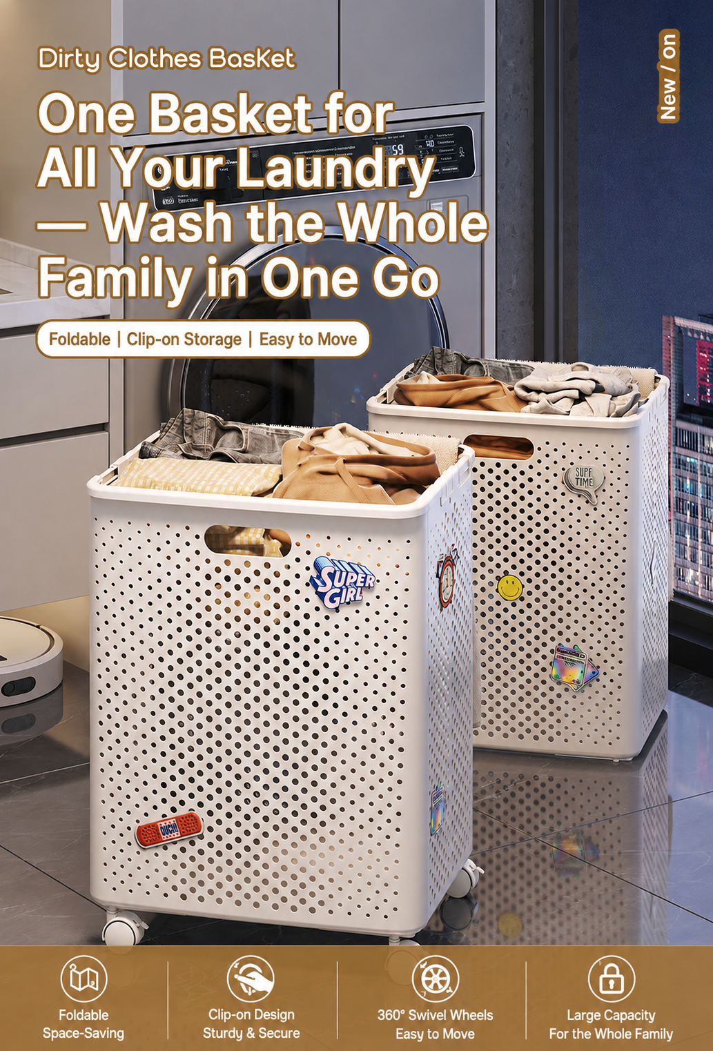 These foldable large‑capacity laundry baskets with 360° swivel wheels meet the whole family's laundry storage needs with easy movement.