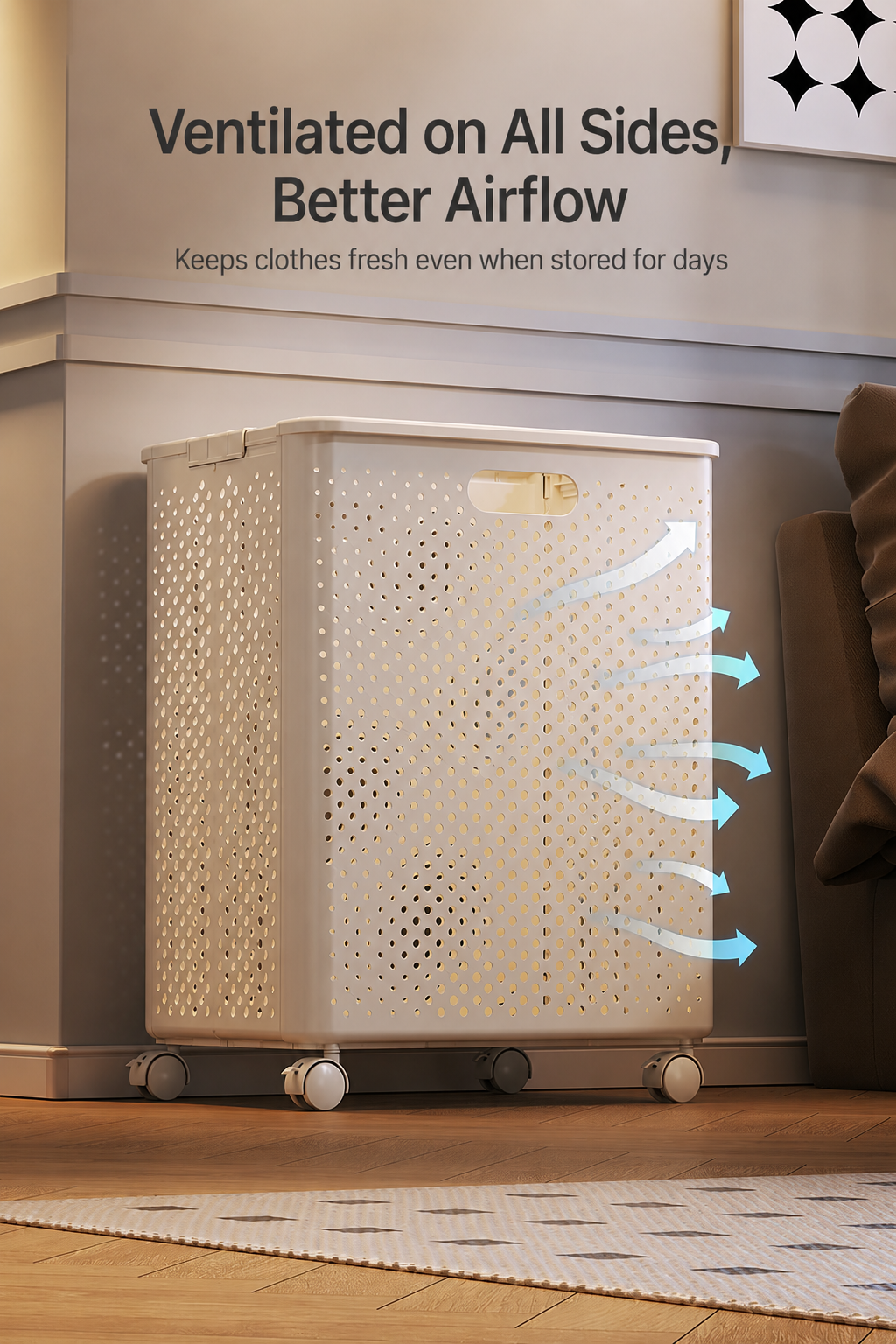 This laundry hamper adopts an all‑round perforated ventilated design to boost airflow and keep stored clothes fresh for days.