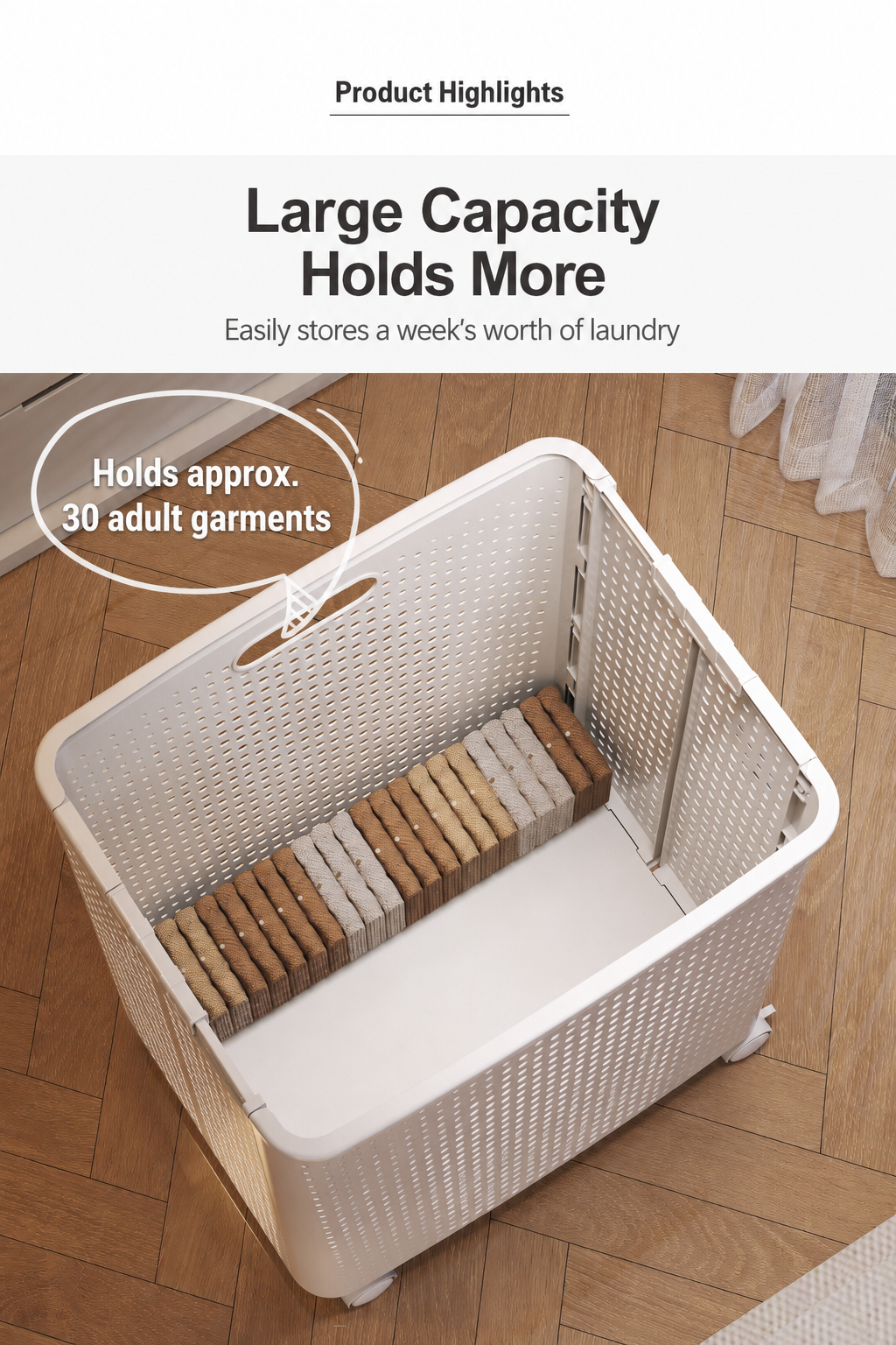 Boasting a large‑capacity interior, this laundry hamper can hold about 30 adult clothes and store a week’s laundry easily.