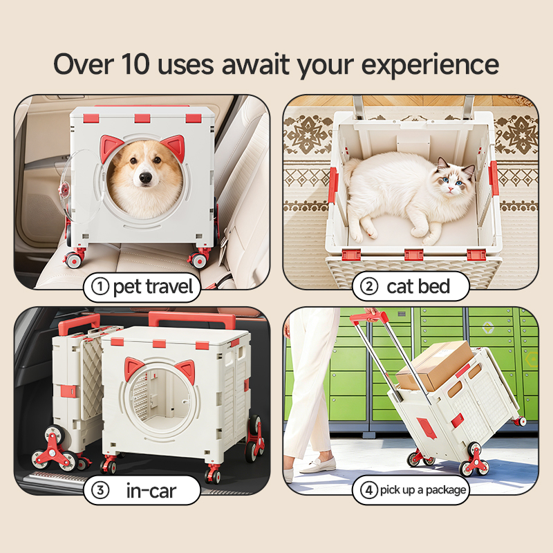 This multifunctional folding cart supports multiple‑scene use including pet travel, cat bed, in‑car storage and parcel pickup.