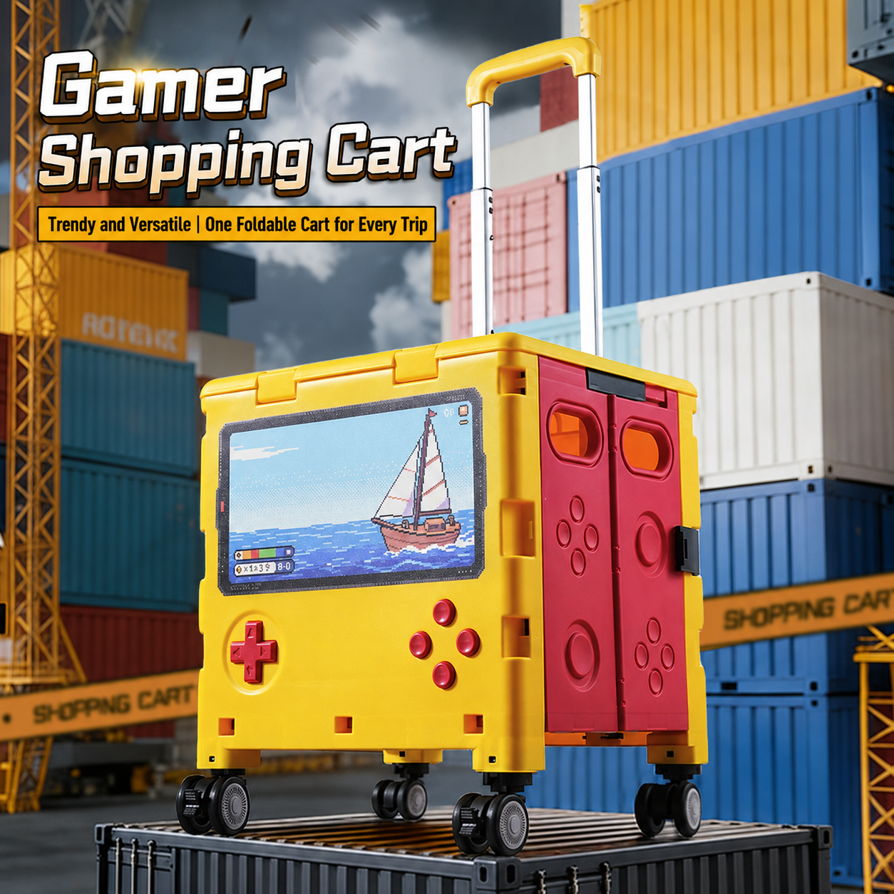 This trendy gamer‑style foldable shopping cart is versatile for various trips.