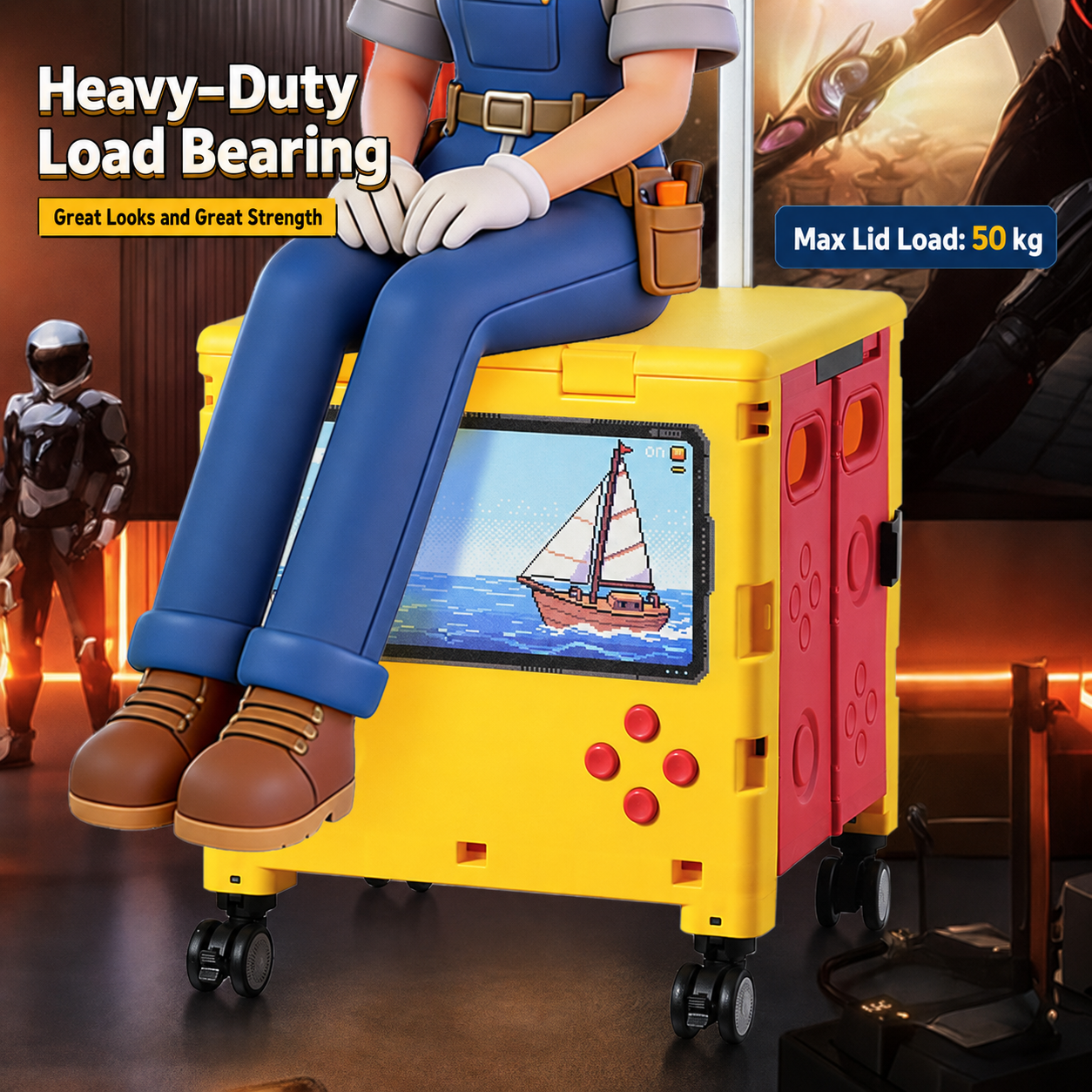 This shopping cart has heavy‑duty load‑bearing capacity with a maximum lid load of 50 kg.