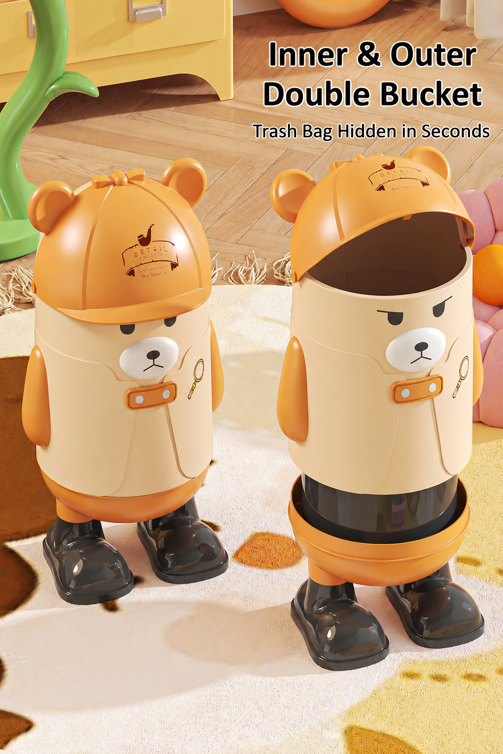 Cute bear-shaped trash can featuring inner and outer double buckets for easy trash disposal and hidden trash bag storage