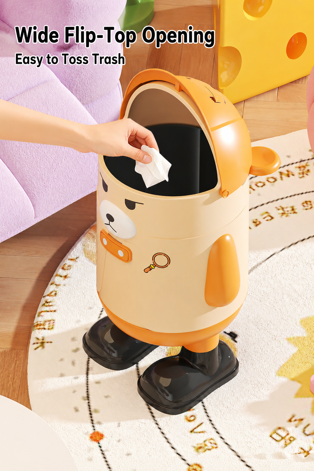 Bear-shaped trash can with wide flip-top opening for easy trash disposal