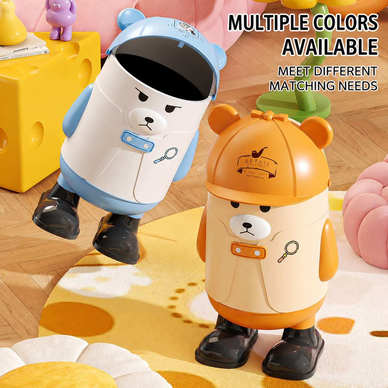 Bear-shaped trash cans available in multiple colors to match any room