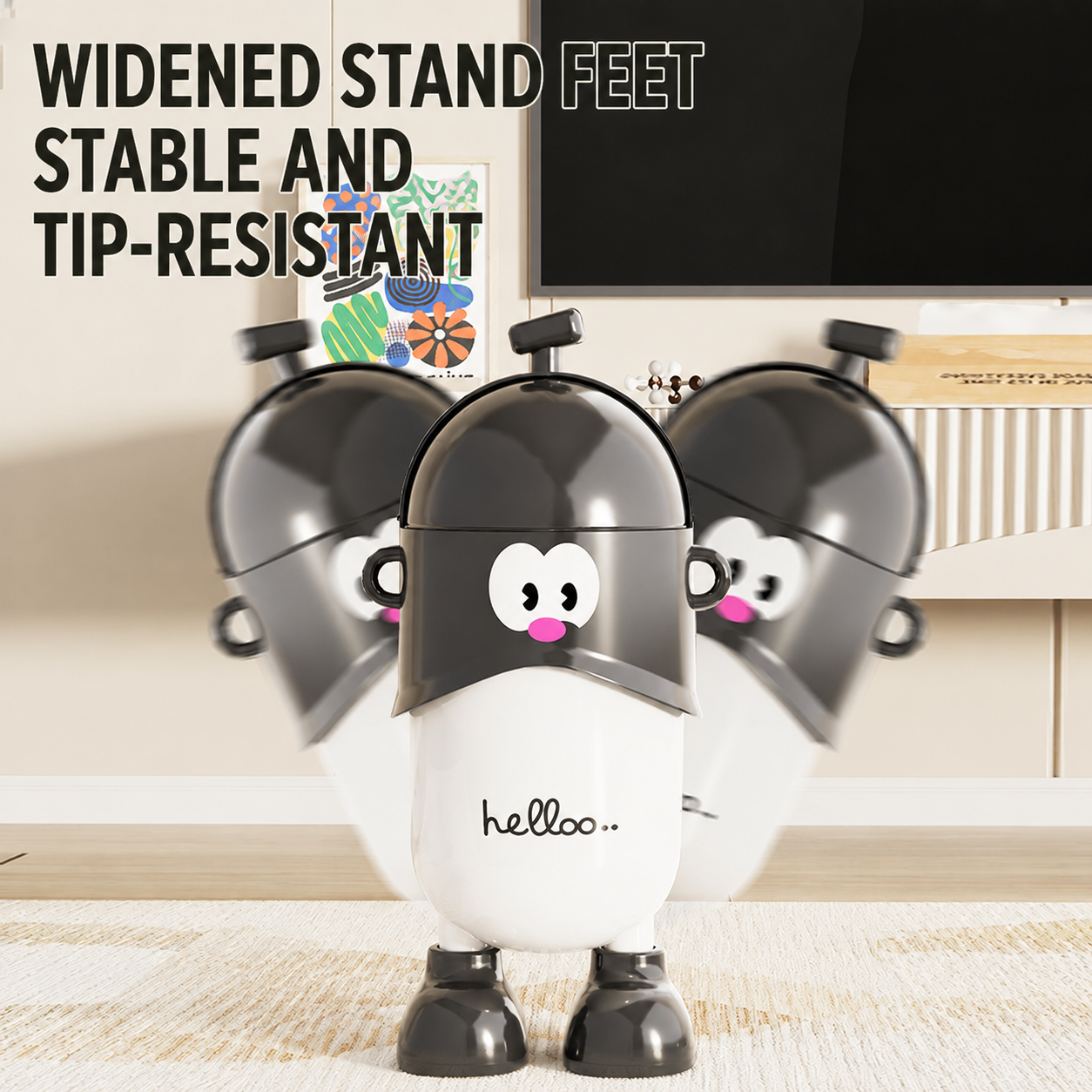 Widened stand feet provide extra stability, preventing the bin from tipping over