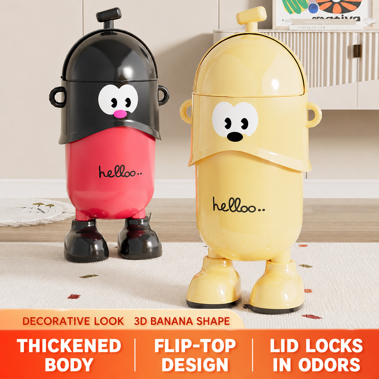 Playful trash bins with a thickened body, flip-top lid, and sealed design for odor control.