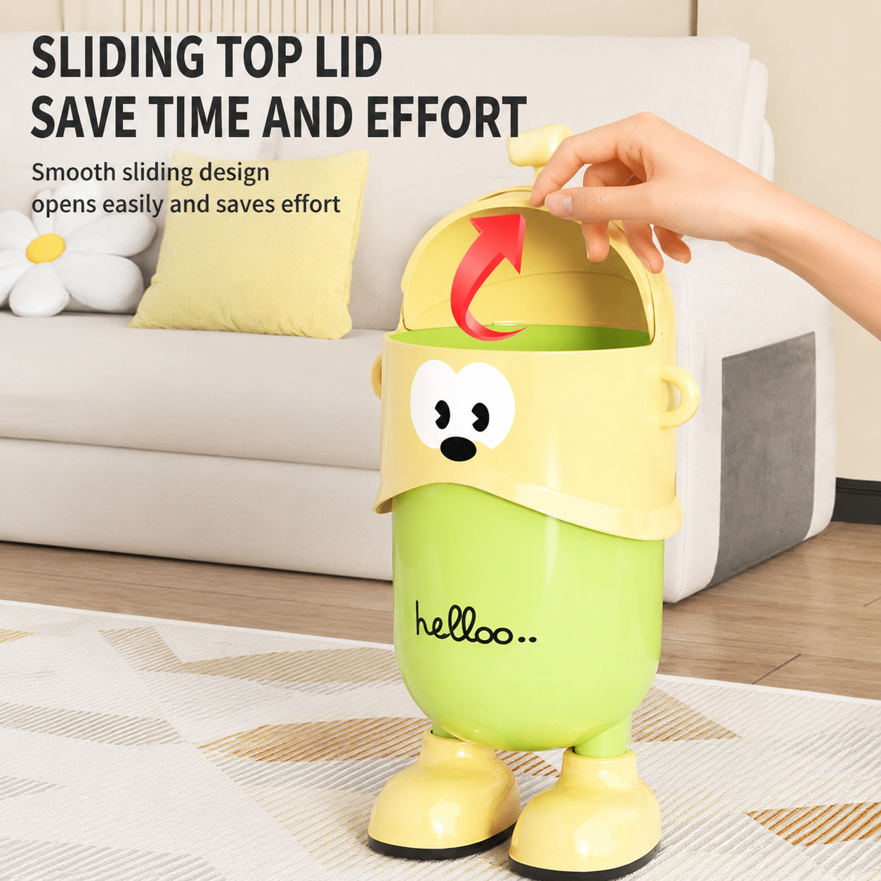 Smooth sliding top lid makes disposing trash quick and effortless.