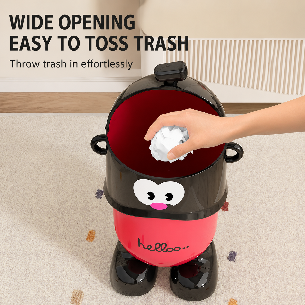 Wide top opening makes tossing trash effortless and convenient