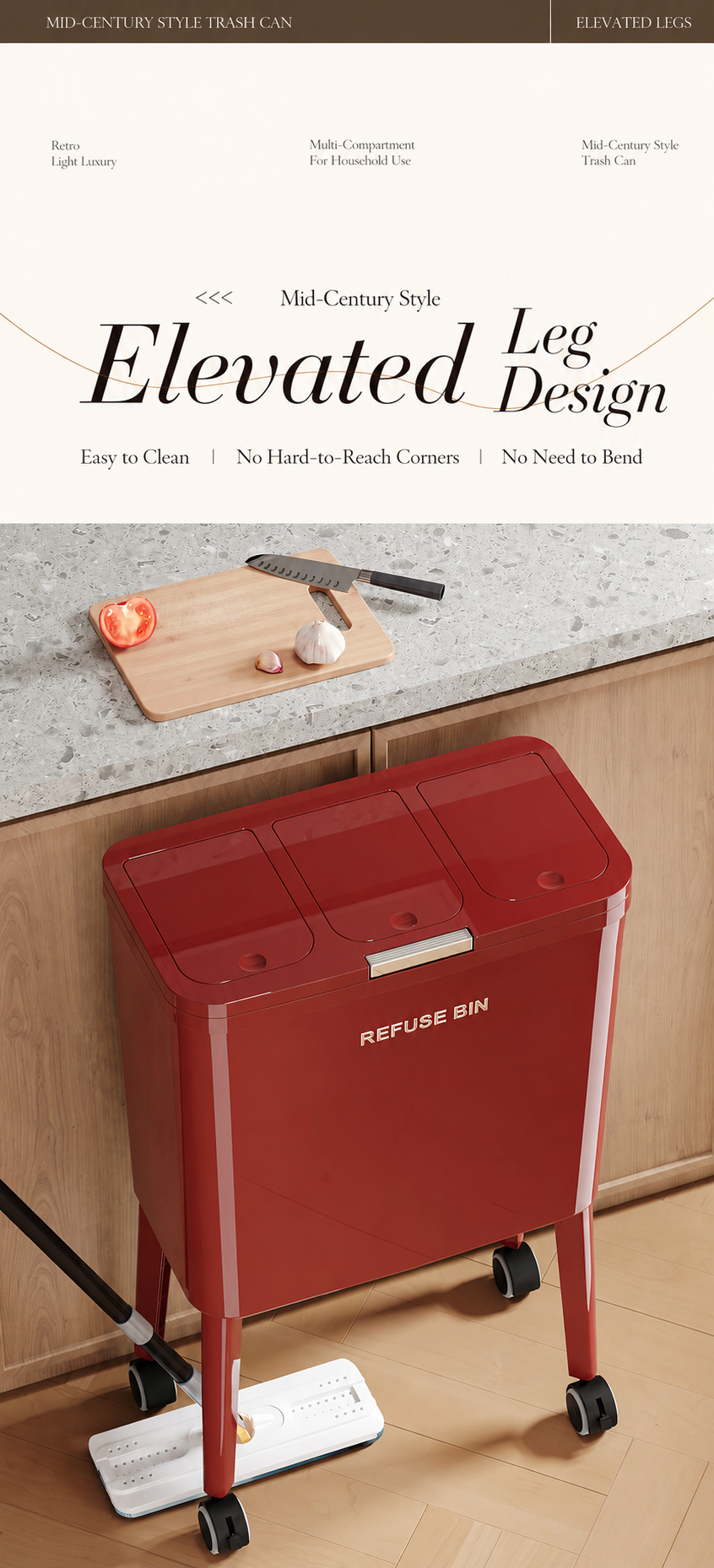 Red elevated-leg trash can showing ample clearance underneath for easy sweeping and cleaning