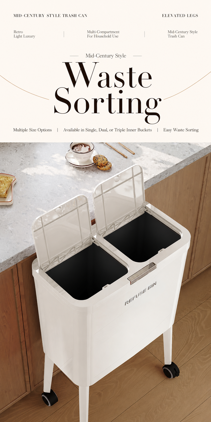 White dual-compartment elevated-leg trash can for easy waste sorting, available in single, dual, or triple buckets.