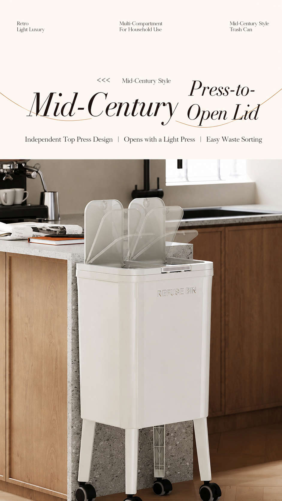 White elevated-leg trash can with press-to-open lid, allowing independent use of each compartment.
