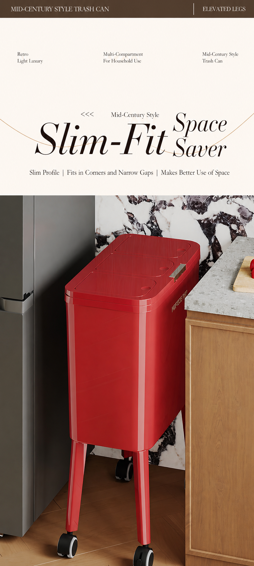Red elevated-leg trash can designed to fit narrow spaces and corners, maximizing kitchen space.