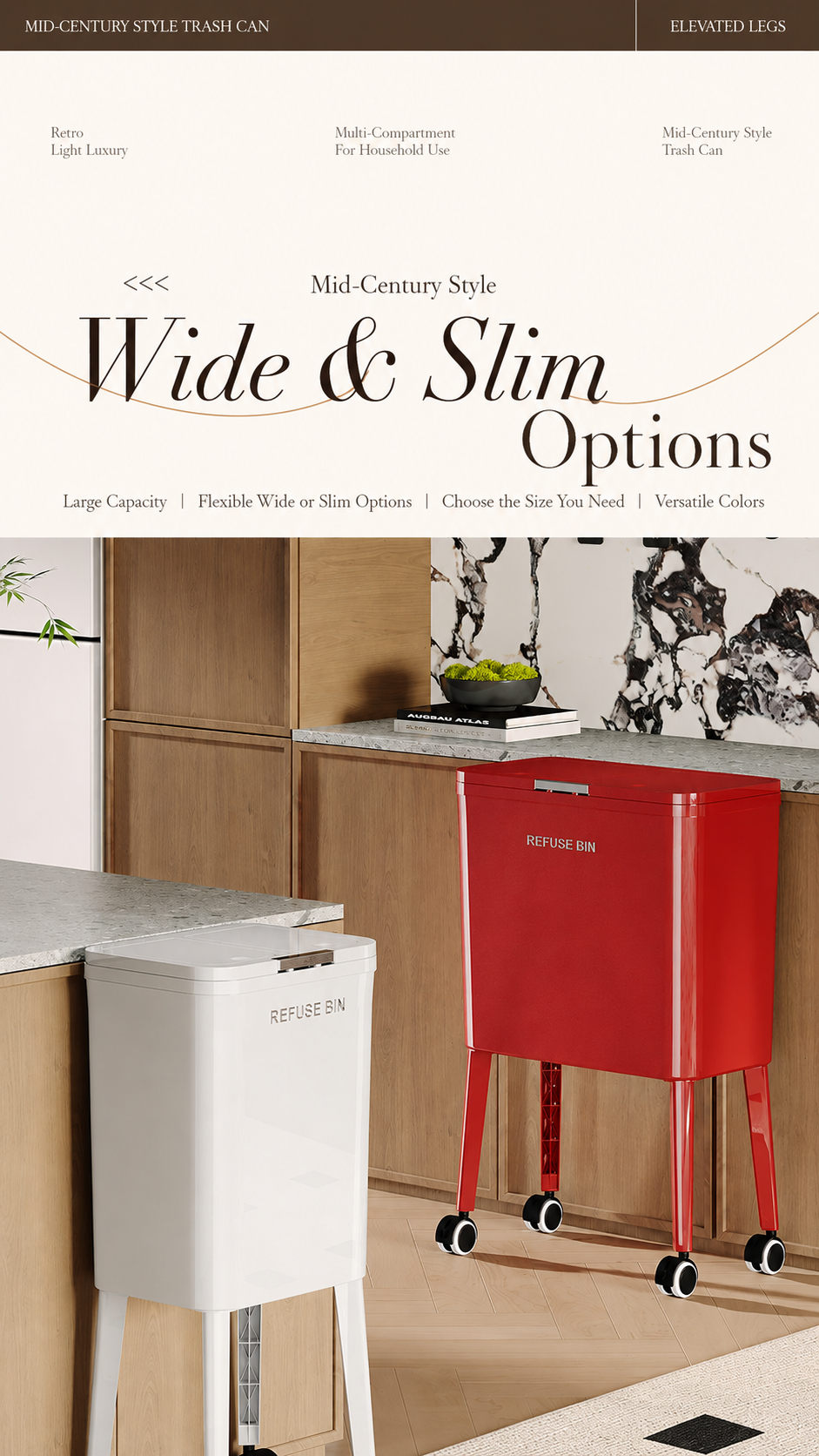 Mid-century style trash cans with elevated legs, one in white and one in red, placed in a modern kitchen.