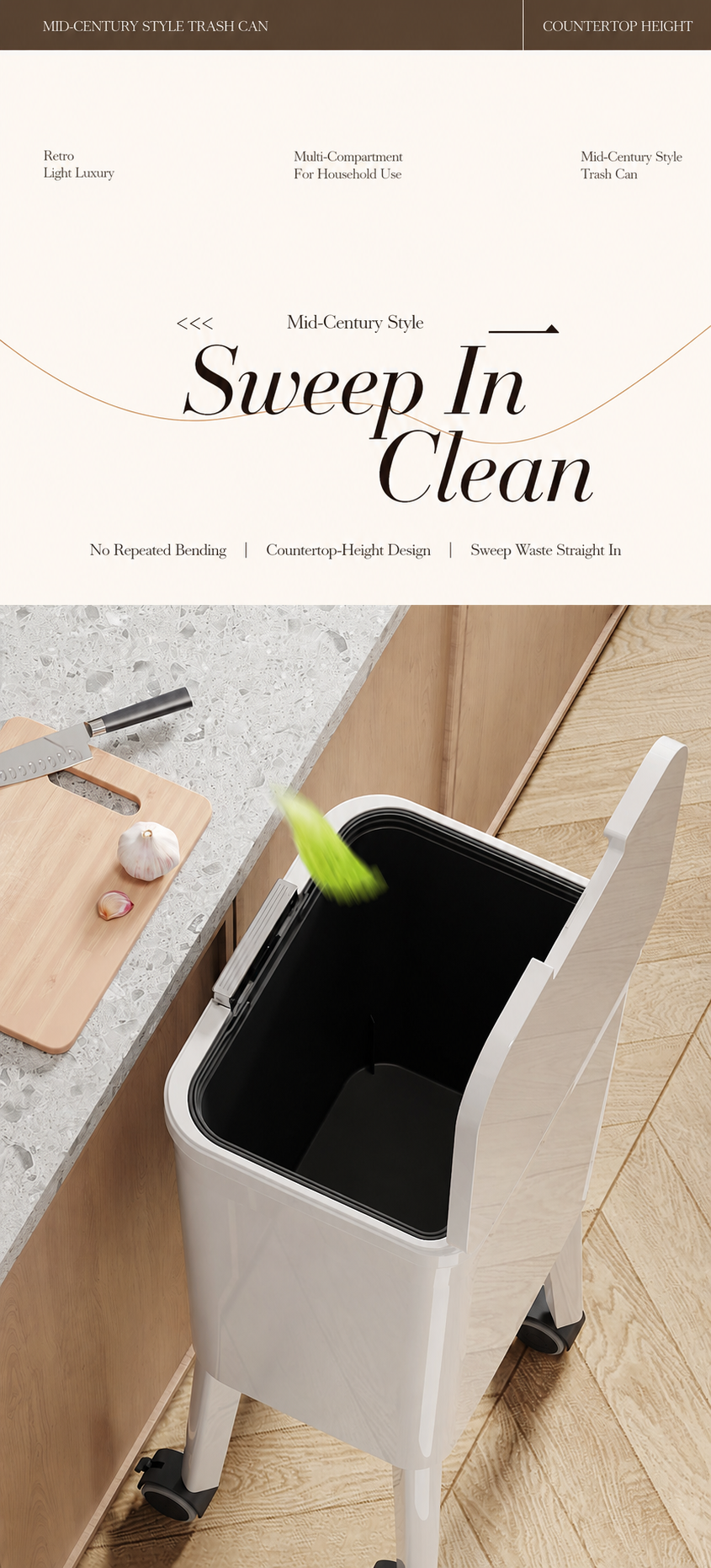 White trash can with countertop-height design, allowing waste to be swept directly into the bin.