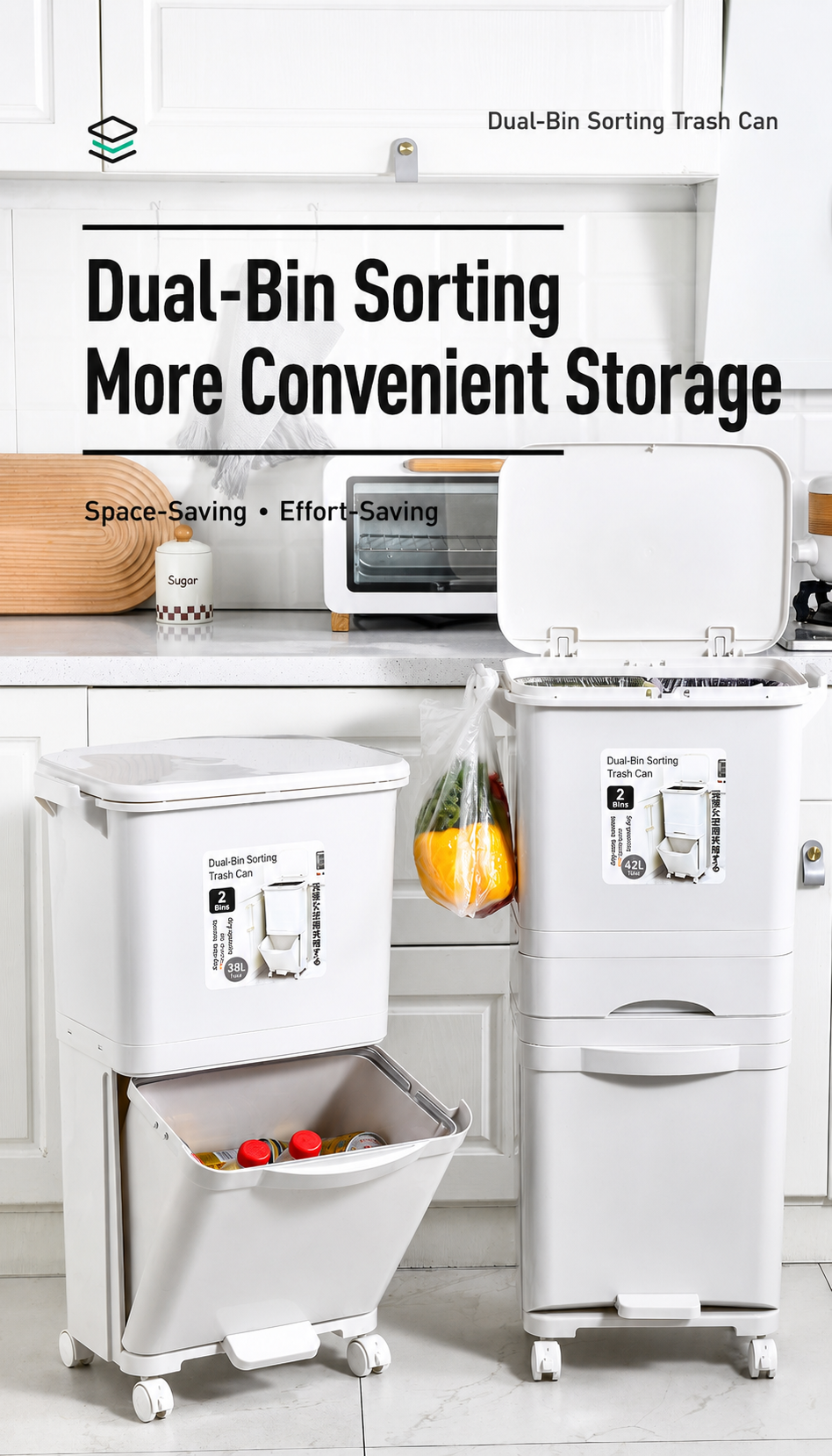 This image shows two dual-bin trash cans side by side in a modern kitchen, highlighting their space-saving design and separate compartments for easy sorting.