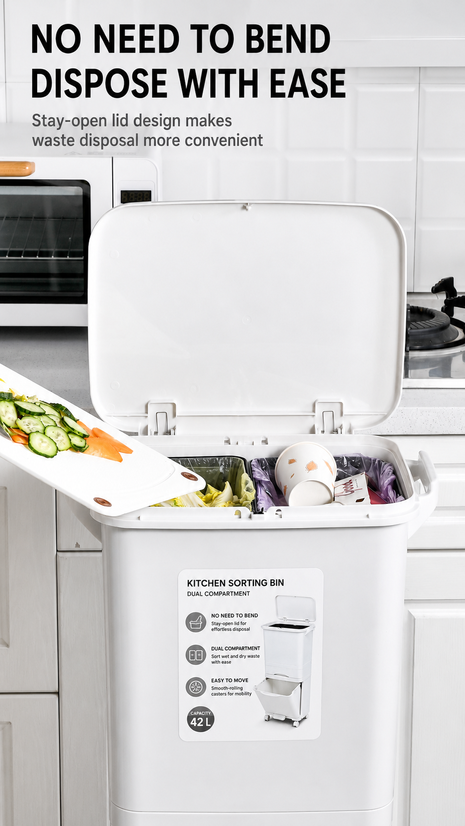 A dual-bin kitchen trash can with a stay-open lid for easy disposal and separate compartments for wet and dry waste