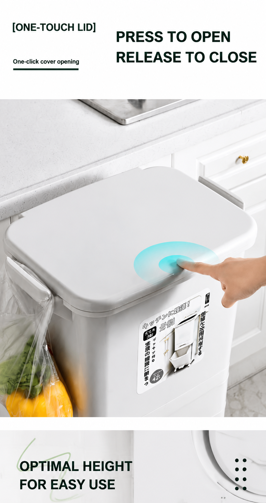 The image shows a kitchen trash can with a one-touch lid that opens with a simple press, positioned at an optimal height for easy disposal.