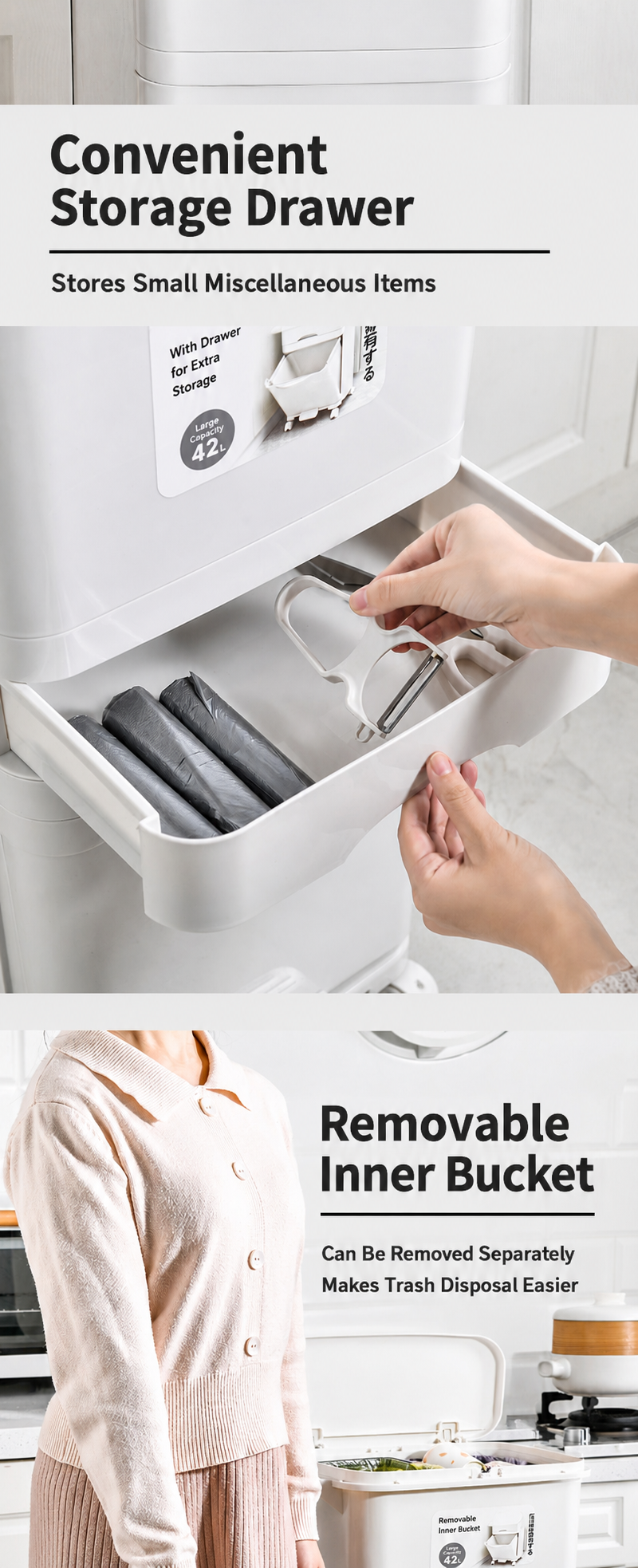 This image shows a convenient storage drawer and removable inner bucket feature of the trash can, making small item storage and waste disposal easier.