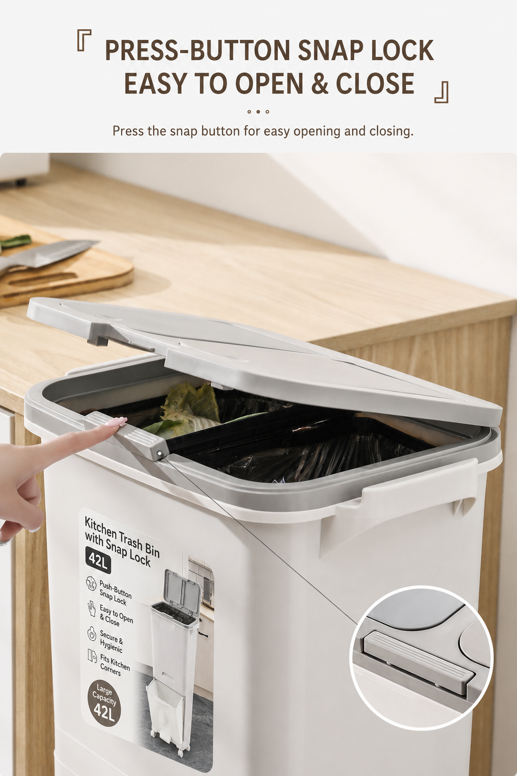 Image showing the top lid with a press-button snap lock for secure and easy opening