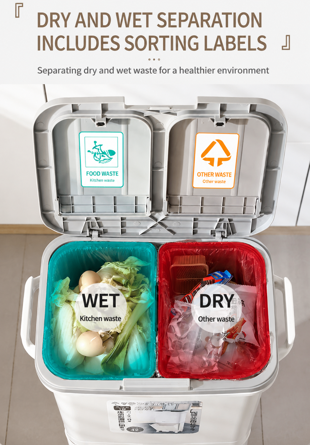 Image showing the trash can in a kitchen with dual compartments for wet and dry waste.