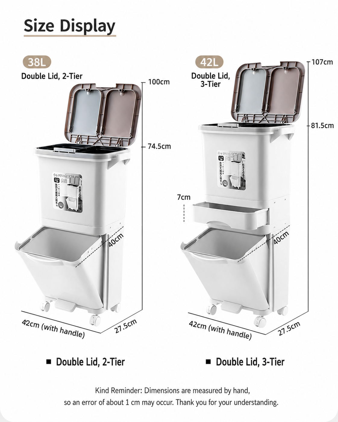 Image showing the size comparison and dimensions for the 38L two-tier and 42L three-tier models.