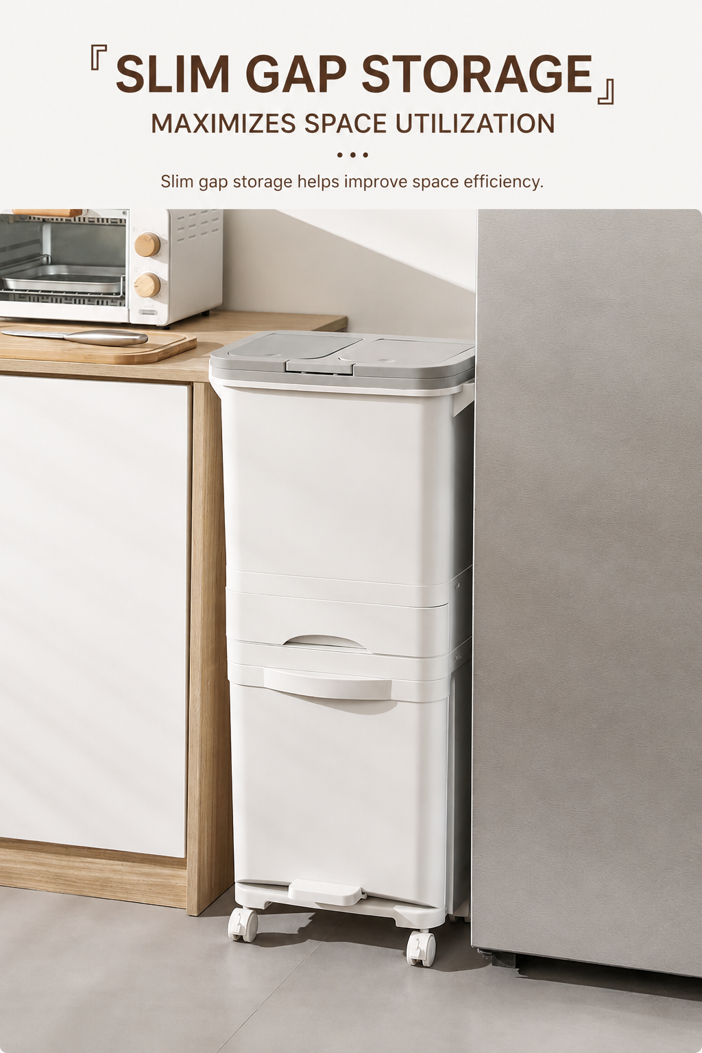 Image showing the slim-gap design allowing the trash can to fit neatly in kitchen corners.