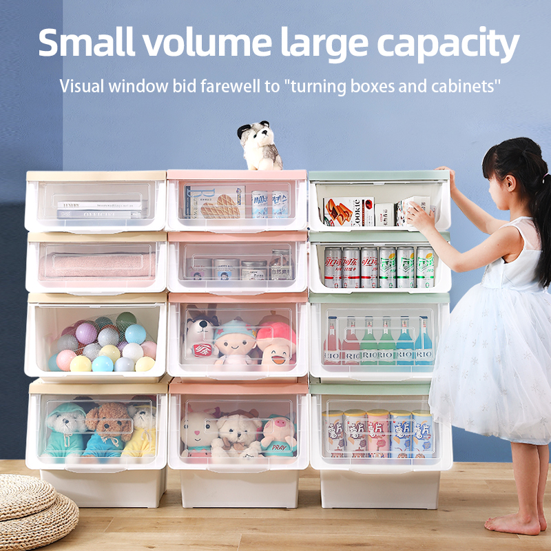 Compact stackable storage cabinets with clear windows for organized home storage