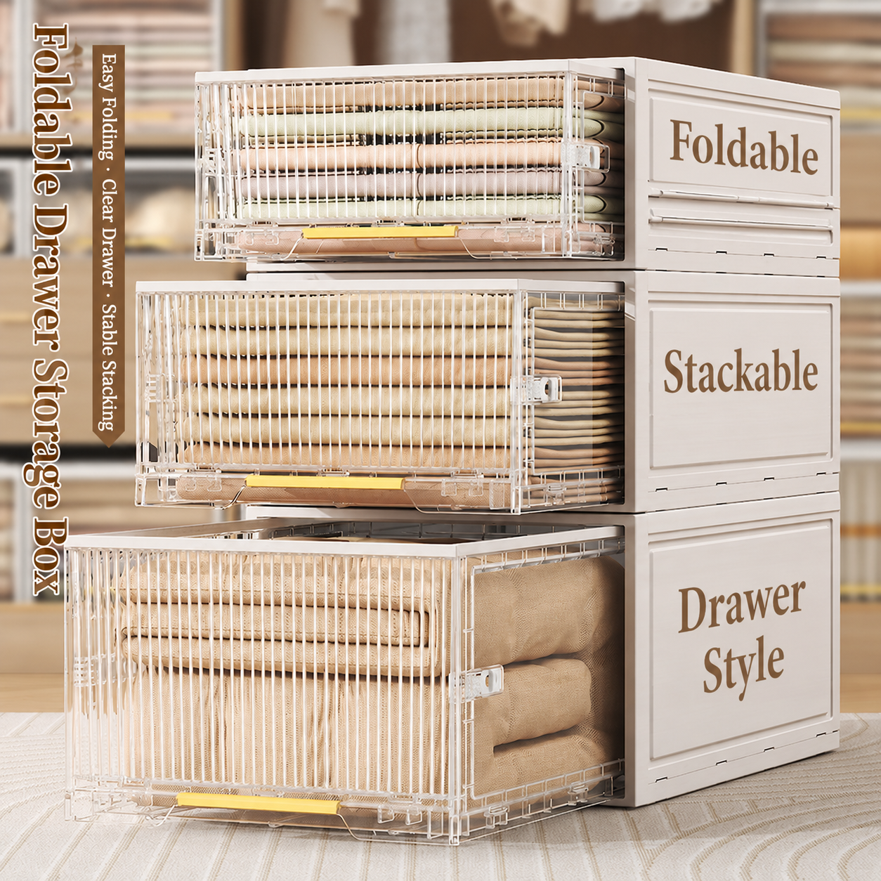 Featuring a foldable, stackable drawer-style design, this storage box is ideal for organizing clothes, accessories, and other household items with clear visibility.