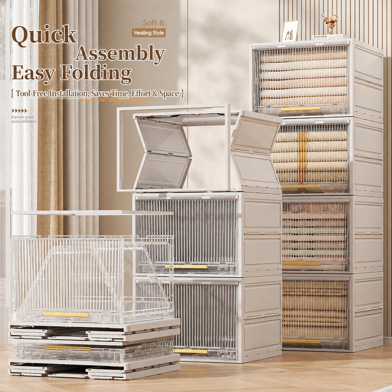 Quick to assemble and easy to fold, this tool-free storage box can be collapsed flat for compact storage when not in use, saving valuable space.