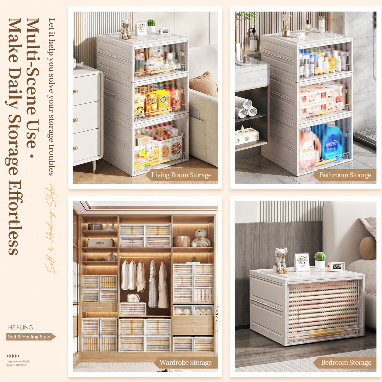 Stackable storage drawers used in living room, bedroom, and wardrobe