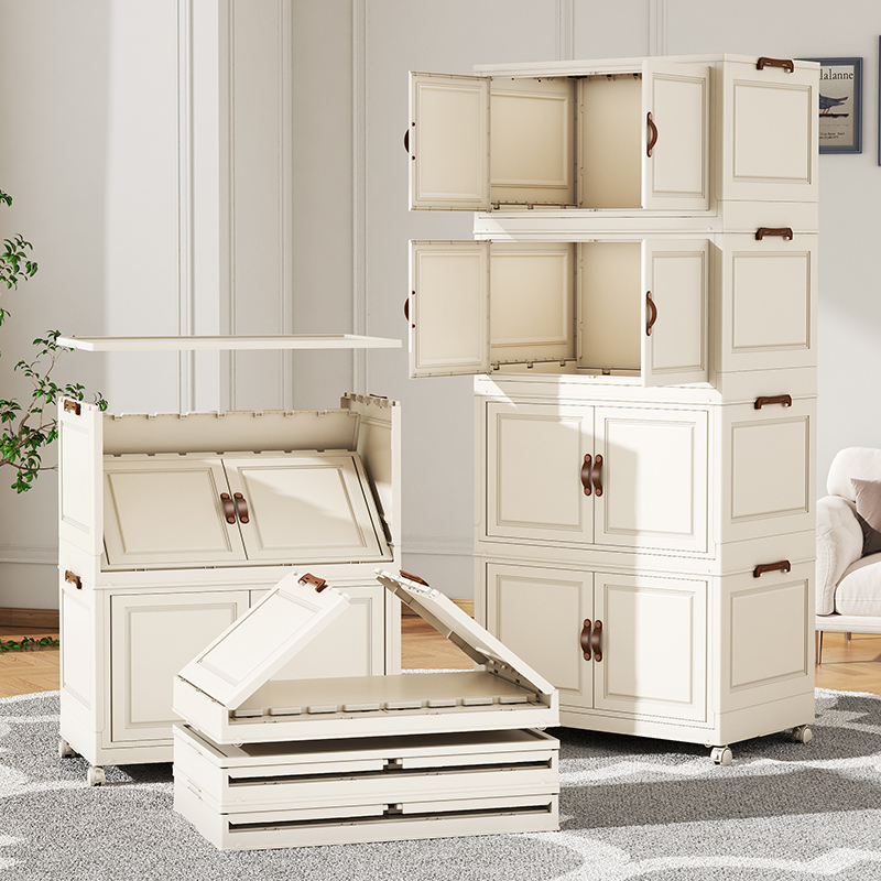 Foldable storage cabinets stacked and collapsed for space-saving home organization