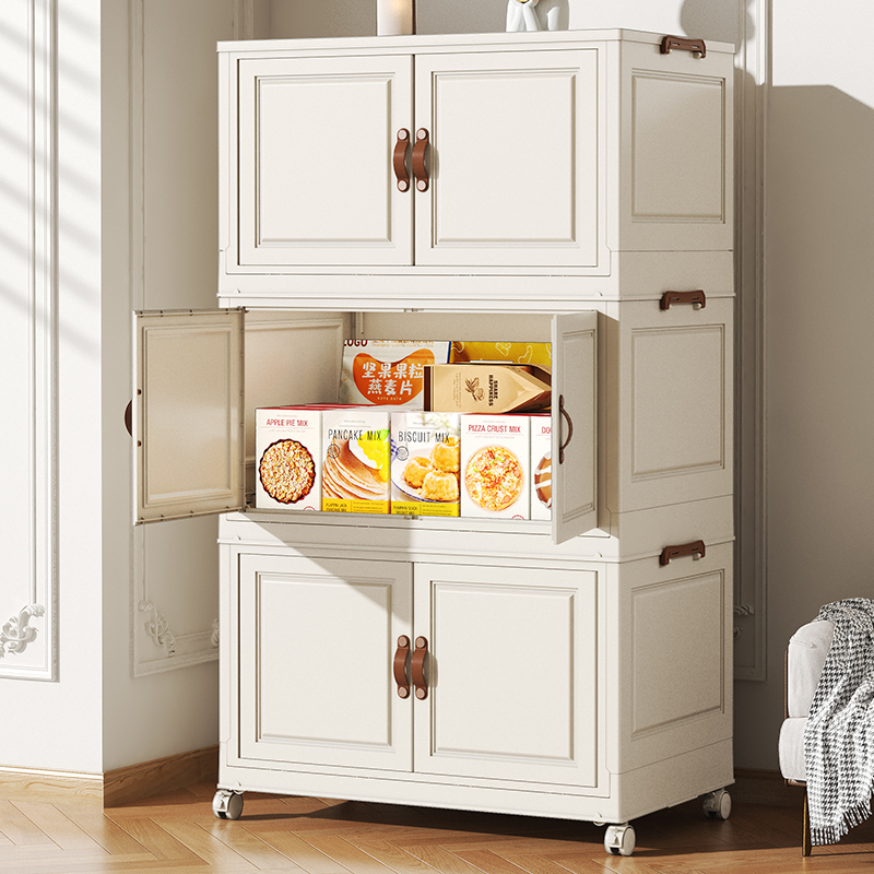 Stackable PP storage cabinets keep snacks and household items organized in a domestic setting