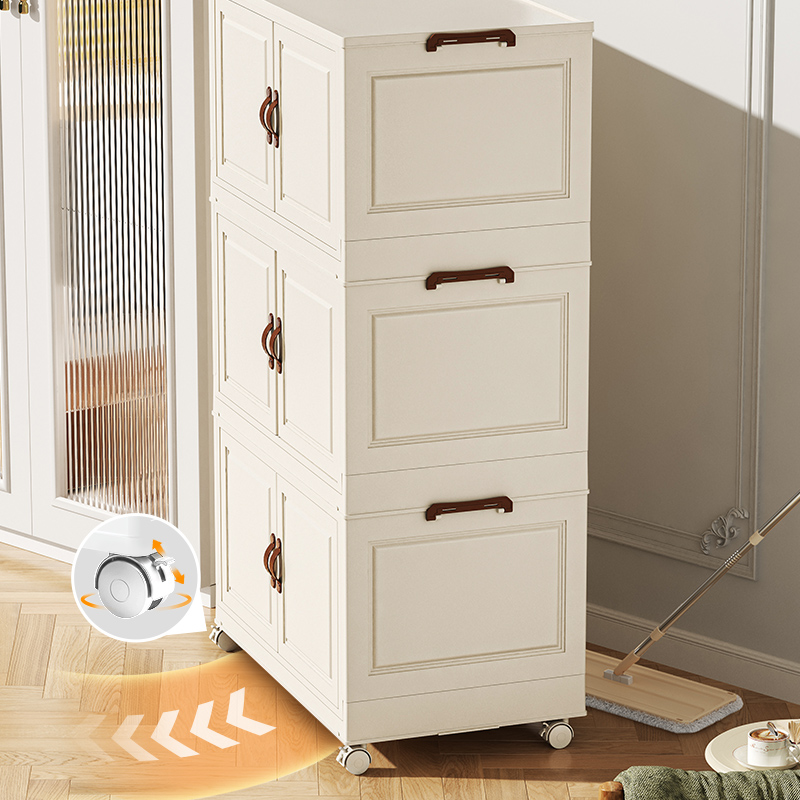 Stackable foldable storage cabinets with wheels in a home organization setting