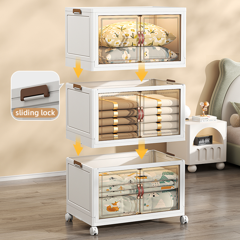 Stackable storage cabinet with sliding locks and wheels for secure, mobile organization