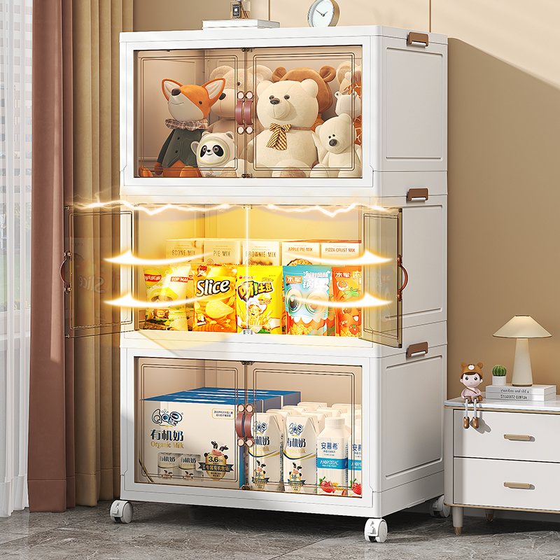 Modern plastic storage cabinets neatly organize toys, snacks, and household items in a contemporary living room setting