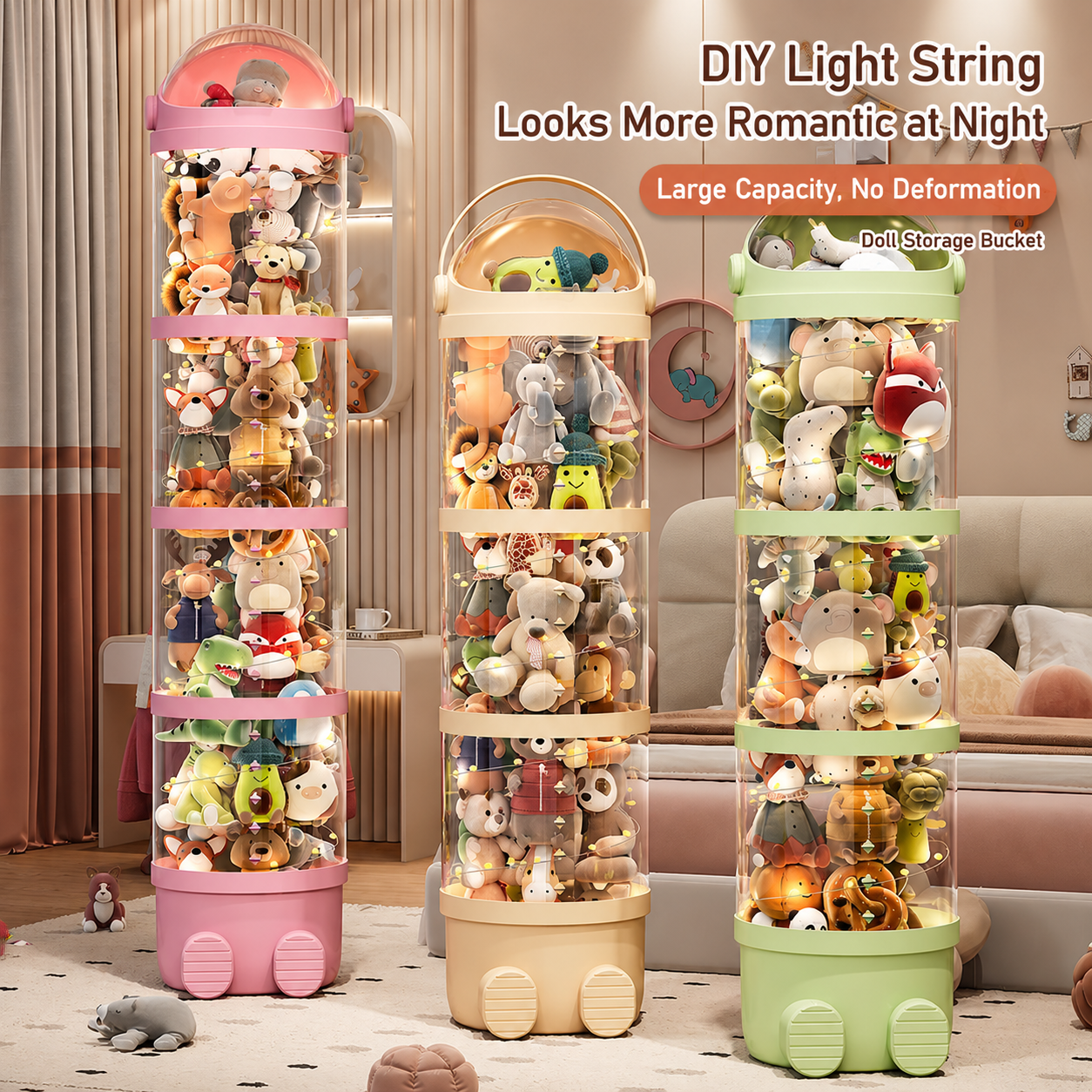 Three transparent doll storage buckets with DIY light strings keep plush toys organized while adding a warm and decorative look at night.