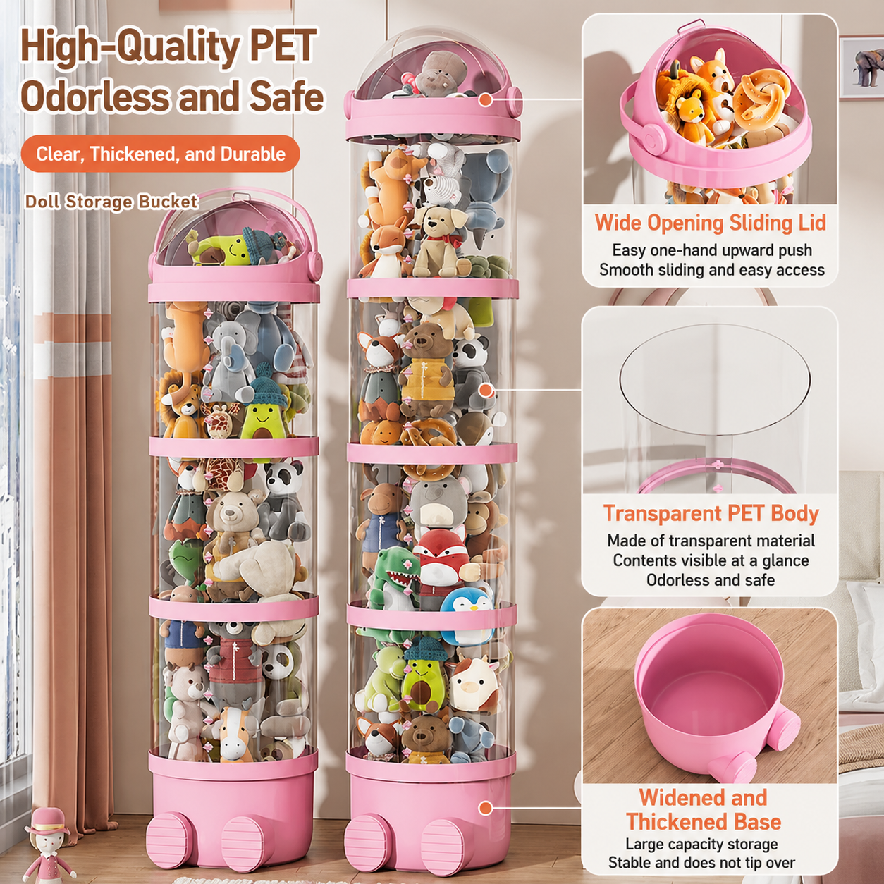 A pink transparent PET doll storage bucket with a wide sliding lid, thickened base, and large-capacity design for safe and organized toy storage.