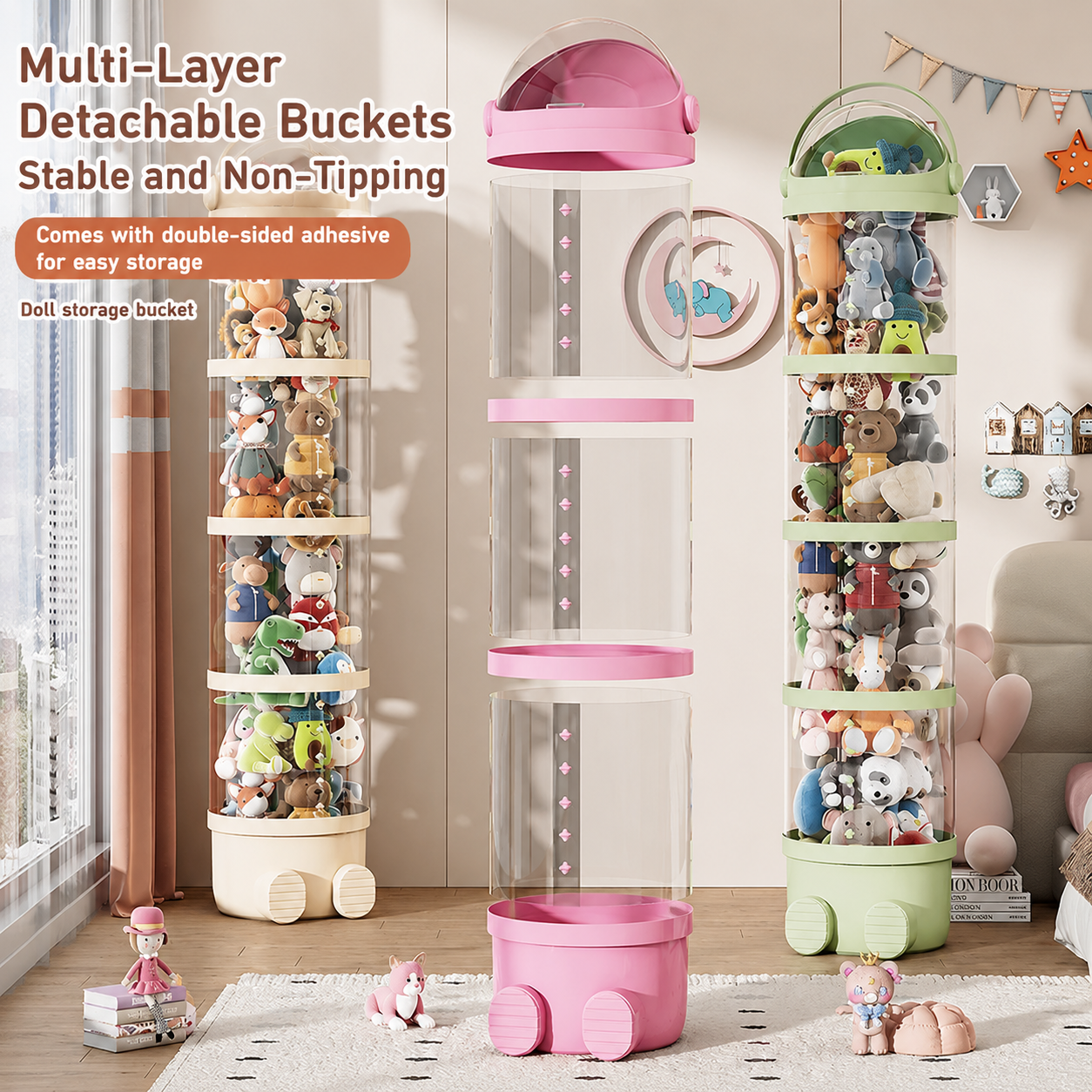 A multi-layer detachable doll storage bucket with a transparent body, designed for stable, non-tipping toy organization.
