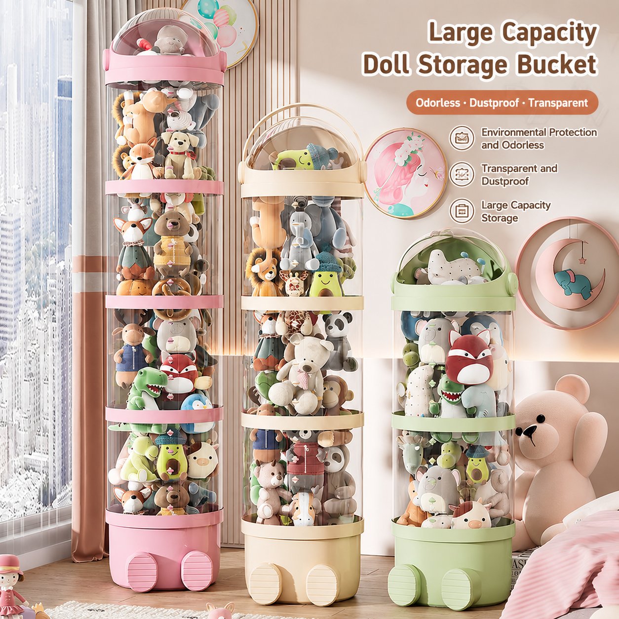 Large-capacity transparent doll storage buckets keep plush toys visible, dustproof, and neatly organized.