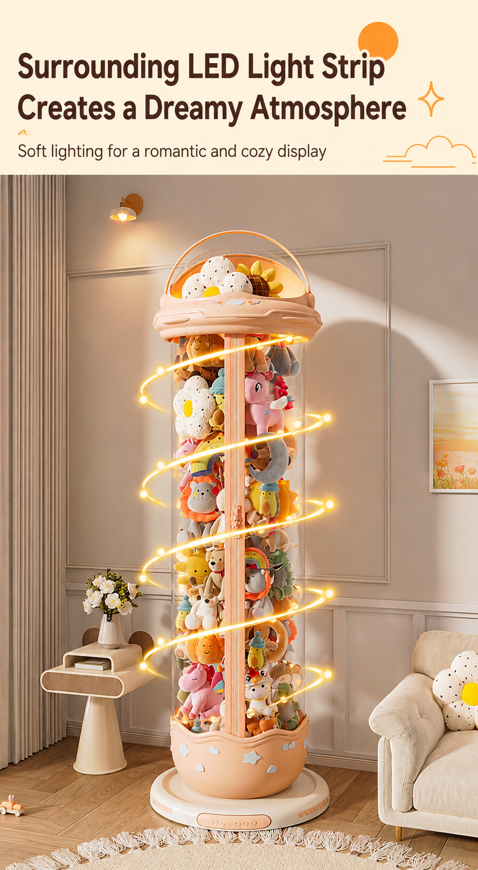 Built-in surrounding LED light strip creates a soft, warm glow, adding a dreamy and cozy touch to your plush toy display.