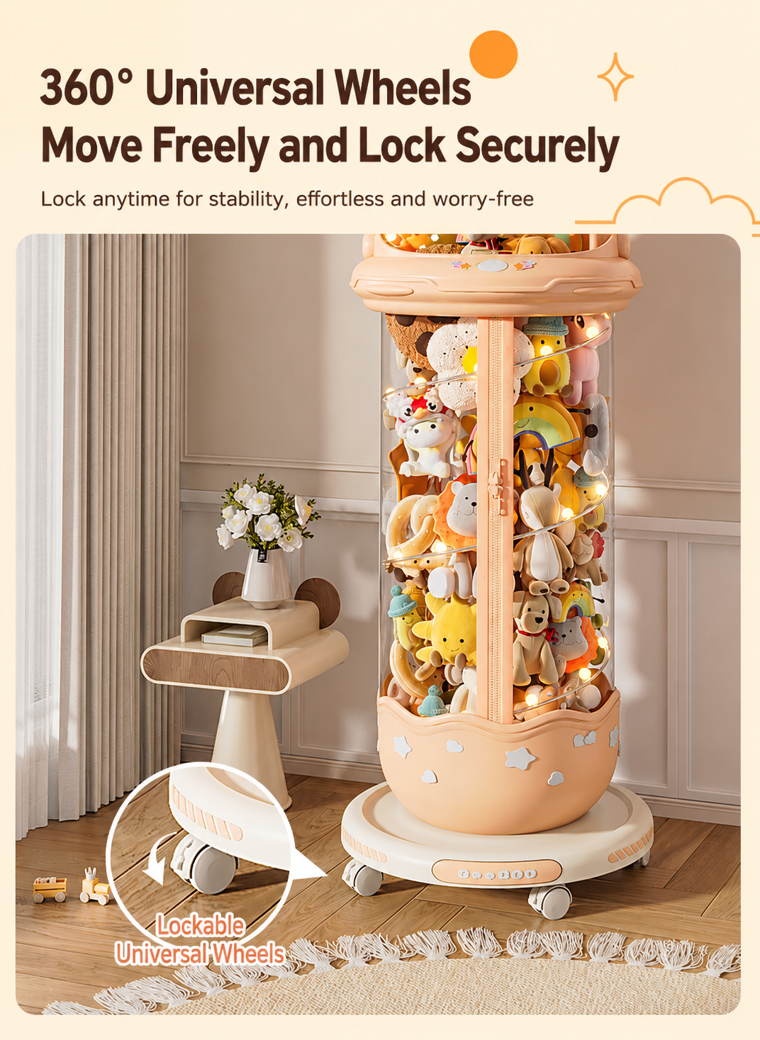 Equipped with 360° lockable universal wheels, allowing effortless movement and secure locking for worry-free placement.