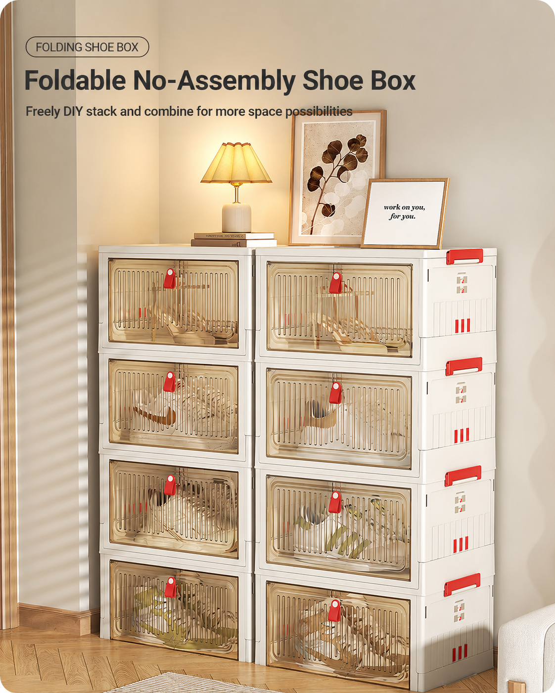 Foldable no-assembly shoe box allows free DIY stacking and combination for flexible space solutions.