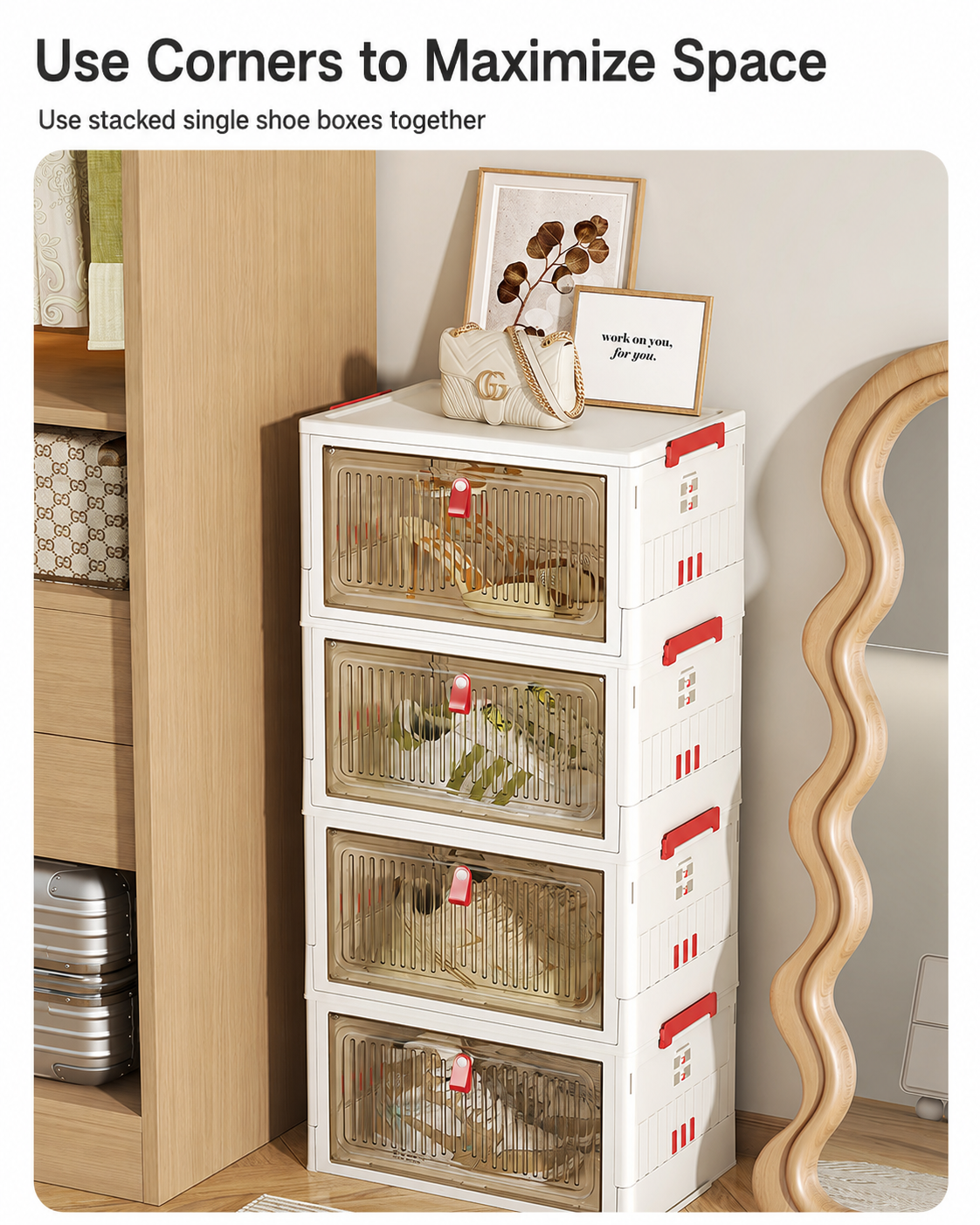 Helps maximize space by utilizing corners with stacked single shoe boxes.