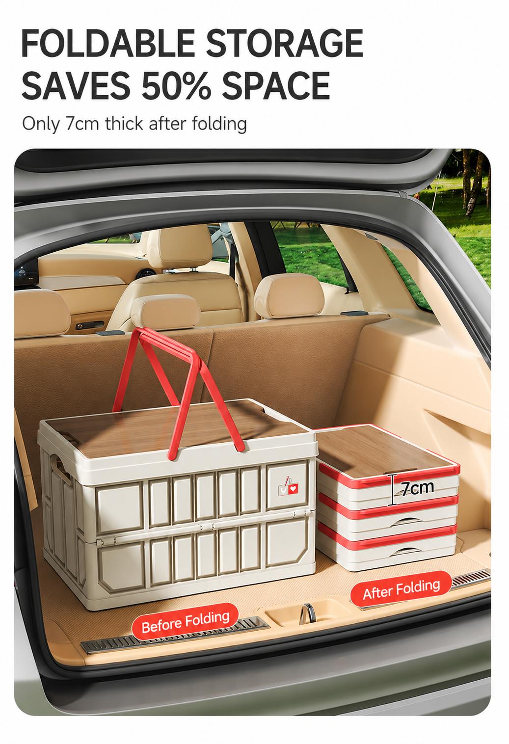 After folding, this storage box is only 7cm thick, cutting storage space by 50% for easy stowing in cars or at home.