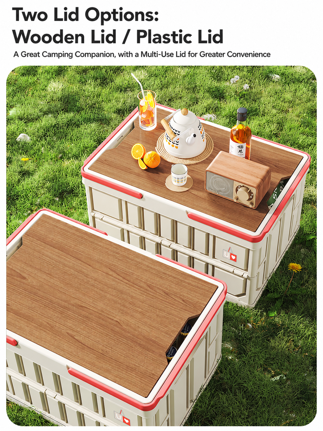 Available with a wooden or plastic lid, this multi-use storage box doubles as a table, making it a perfect camping companion.