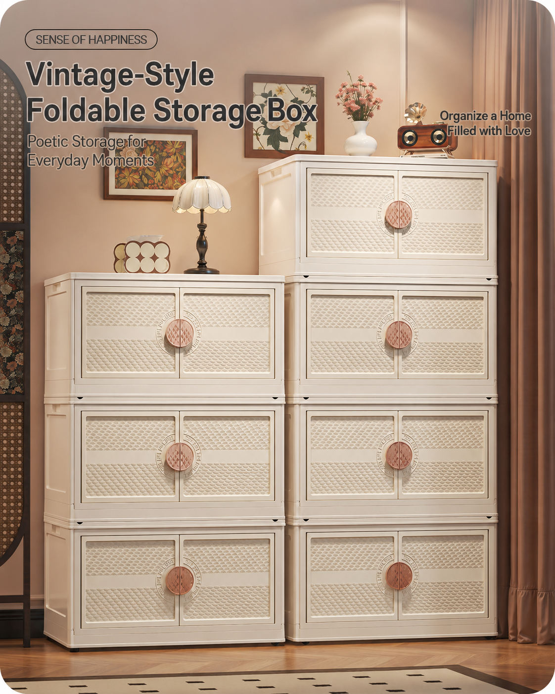 Vintage-style foldable storage cabinet with magnetic doors for bedroom organization